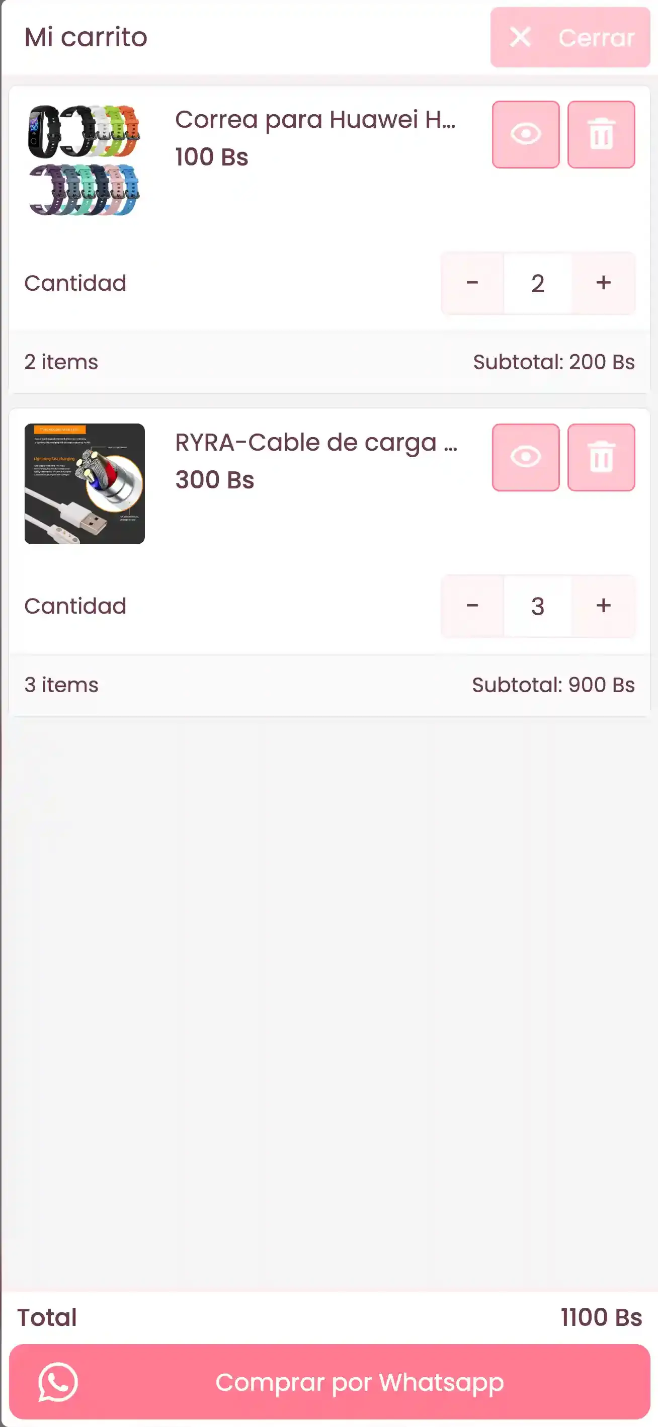 Carrito de compra del catálogo de Accesorios